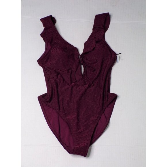 ROBIN PICCONE Juliana Plunge One Piece Ruffle Swimsuit Burgundy Wine 8 - Picture 5 of 8